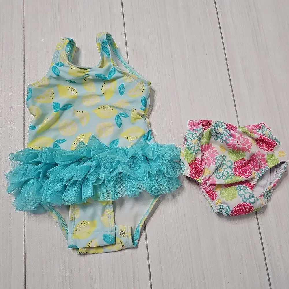 Baby Girl Swimsuit & Swim Diaper Lemon Floral Ruffle Cute 12-18M 24M‎ Beachwear